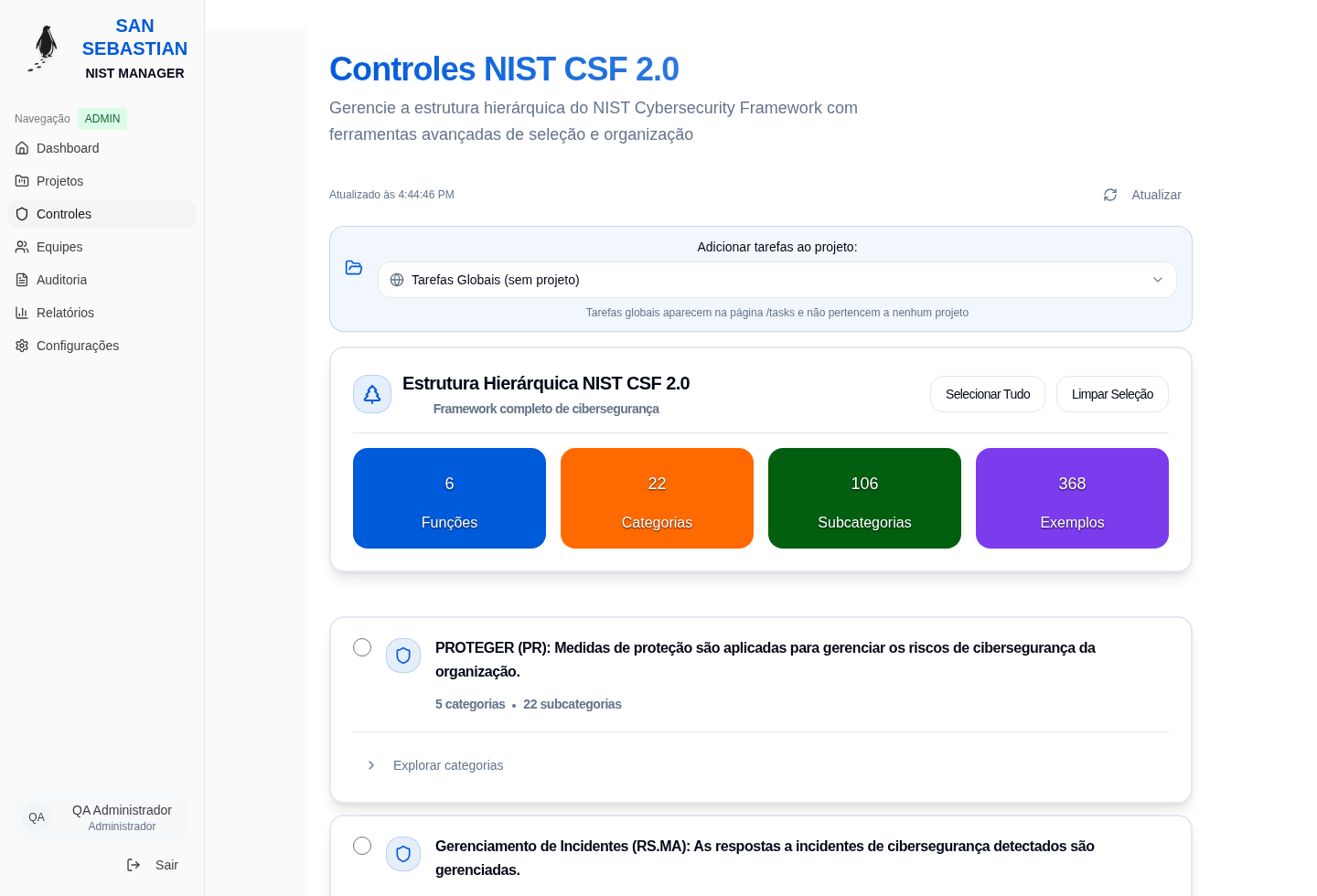 Tela de controles NIST CSF 2.0 do San Sebastian Community