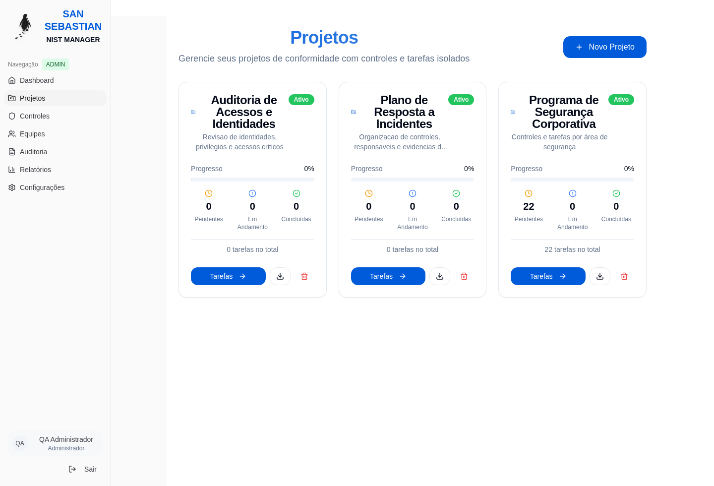 Tela de projetos e tarefas do San Sebastian Community